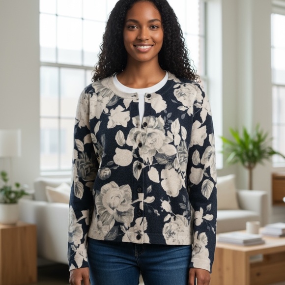 Talbots Sweaters - Talbots Floral 100% Pure Merino Wool Button Down Cardigan Sweater Size Small
